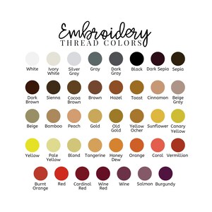 May include: A colour chart showing embroidery thread colours. The chart includes a range of colours, from white and grey to black and sepia, and various shades of brown, yellow, orange, and red. The text "Embroidery Thread Colors" is at the top.