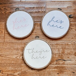May include: Three white embroidery hoops with different messages. The first hoop says "she's here" in pink thread. The second hoop says "he's here" in blue thread. The third hoop says "they're here" in gray thread.
