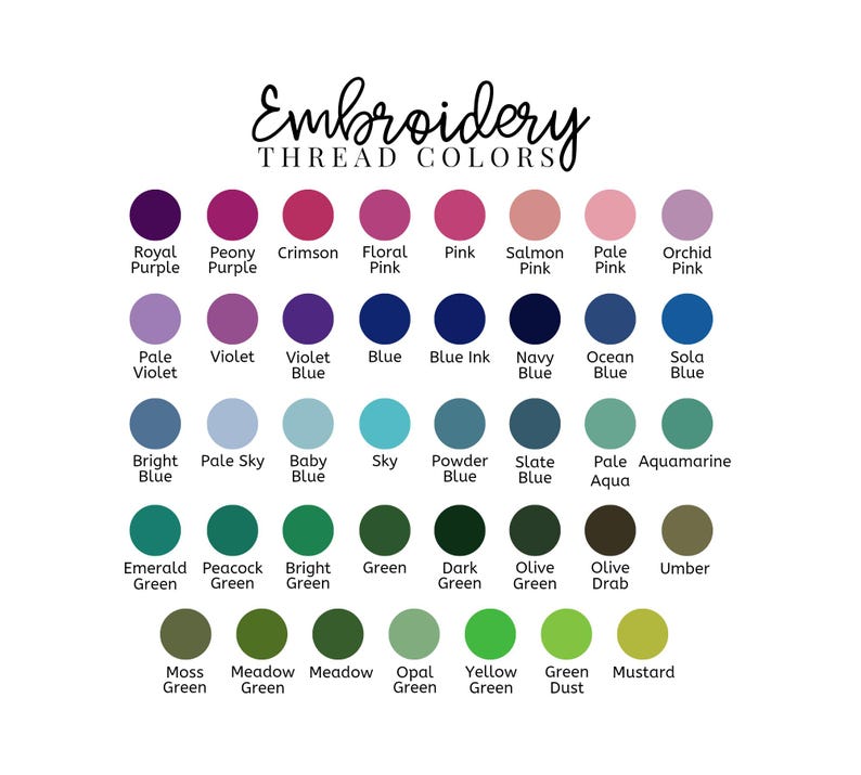 May include: A colour chart titled "Embroidery Thread Colours" displays a variety of thread colours. The chart includes shades of purple, pink, blue, green, and yellow. Each colour is labelled with its name, such as "Royal Purple" and "Mustard".