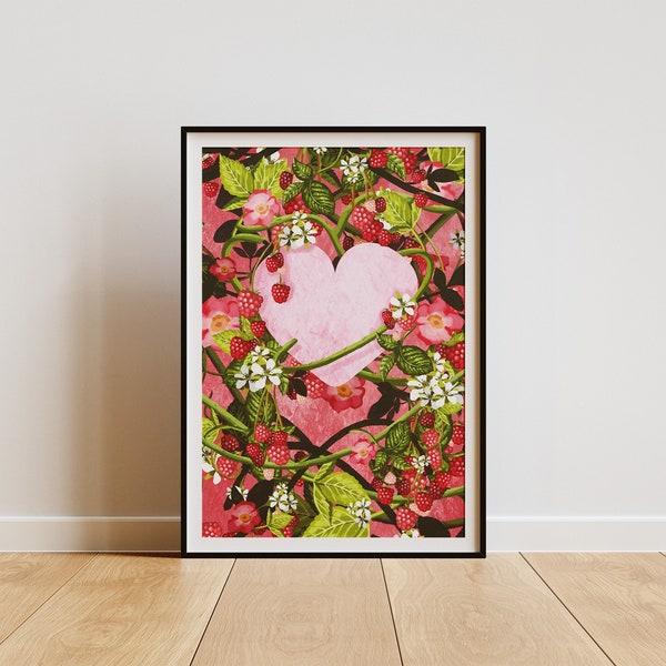 Raspberry Heart Print, Sweet Abstract Wall Art, Pink Decor, Colourful Bedroom Artwork, Cute Poster, Digital Download