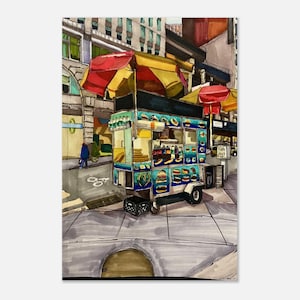 NYC Hot Dog Cart Wall Art Print - Vivid Fine Art Giclée - Rysunek sprzedawcy żywności w Nowym Jorku