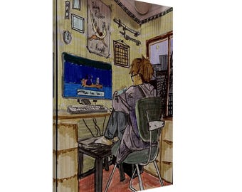 May include: A hand-drawn illustration of a person sitting in a chair in front of a computer. The person is wearing a purple hoodie and has brown hair. The computer screen shows a blue background with a small ship in the distance. The room is decorated with a calendar, a poster, and a few other items.