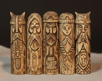 Scandinavian Mythology Wooden Statue Set 5-Piece – Viking Figurines for Altar Decor & Home Display, Norse Collection, Gift for Collector