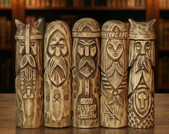 5-Piece Norse Gods Figurine Set – Handcrafted Sculptures from Linden Wood for Home Decor and Scandinavian Accent, Gift for Connoisseur