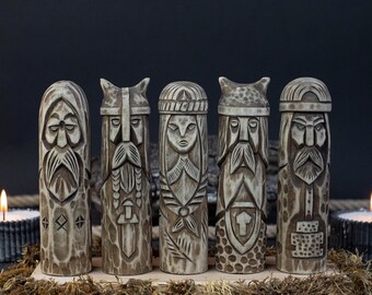 Conjunto de estatuas nórdicas de madera hechas a mano, figuras vikingas para la decoración del hogar y el altar de estilo escandinavo.