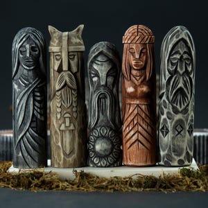 Set of 5 Norse God Figurines, Wooden Pagan Statues for Mythology Decor or Gift – Viking-Inspired Collection for Altar, Shelf or Sacred Space