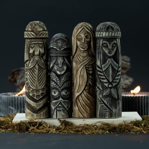 Set of 4 Norse Deity Figurines – Wooden Statues for Viking-Inspired Home Decor, Pagan Altar, Spiritual Ritual or Mythology Gift Collection
