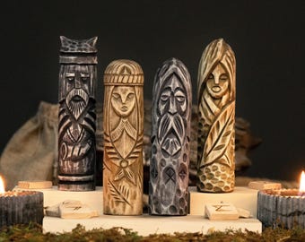 Wooden figurine Set 4 PCS. Scandinavian Gods. Wood carving. Altar. Heathen. Gods wooden sculpture. Hand Carved. Scandinavian Gifts.