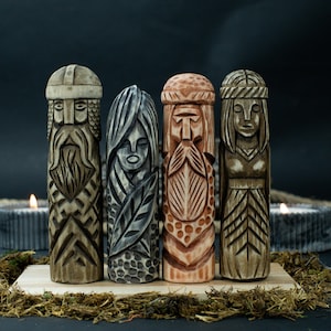 Set of 4 Norse God Figurines – Wooden Pagan Statues for Viking Decor or Gift – Mythology-Inspired Set for Altar, Home or Spiritual Display.