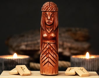 Figura de madera de Frigg, estatua de diosa nórdica, decoración de altar de madera de tilo, decoración de estante de mitología escandinava