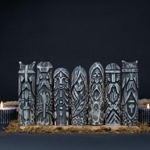 Scandinavian Wooden Figurines Set – Norse Gods and Goddesses Statues, Hand-Carved Pagan Altar Decor, Viking Mythology Symbols, Unique Gift.