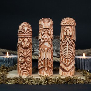Norse Wooden Figurine Set of 4 – Pagan Gods of Wisdom and Thunder Statues, Hand-Carved Altar Decor, Viking Spiritual Symbols, Gift for Him.