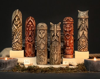 Wooden Set of 6 Scandinavian Gods Figurines for Altar Decor and Heathen Gifts