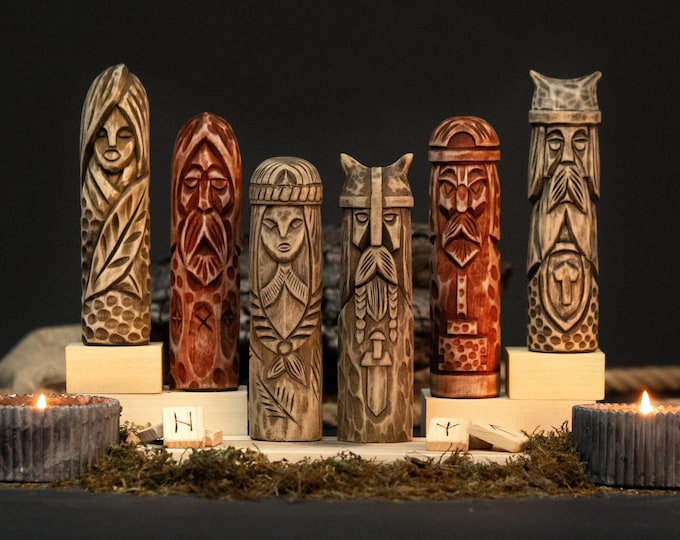 Wooden Set of 6 Scandinavian Gods Figurines for Altar Decor and Heathen Gifts