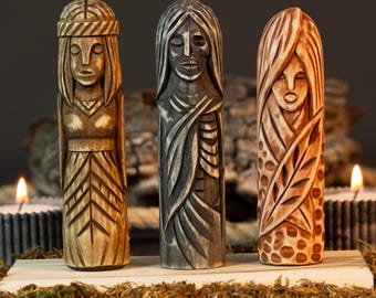 Set of 3 Norse Goddess Figurines – Wooden Viking-Inspired Statues for Sacred Display, Spiritual Gift, Pagan Altar or Mythology Home Decor.