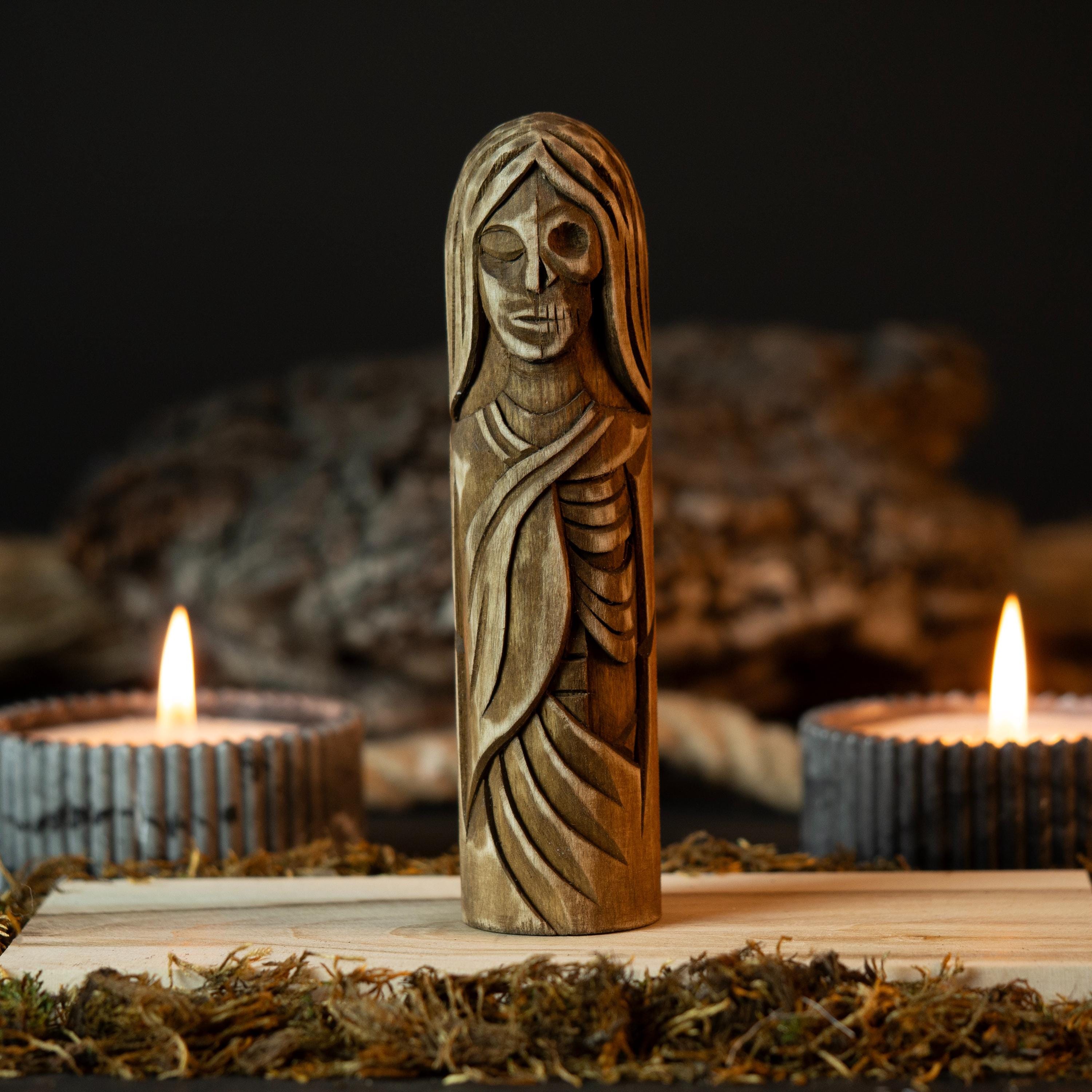 Brown Hel Wooden Figurine – Norse Underworld Goddess Statue, Hand