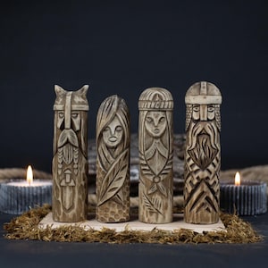 Wooden Norse Gods Figurine Set – Scandinavian Pagan Statues of Beauty and Healing, Hand-Carved Altar Decor, Spiritual Symbols, Nordic Gift.
