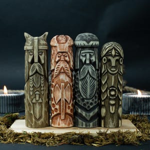 Set of 4 Norse God Figurines – Wooden Pagan Statues for Viking Decor or Gift – Mythology-Inspired Carvings for Home, Altar or Collection.