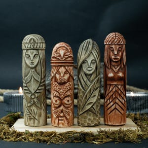 Collection of 4 Norse Goddess Statues – Wooden Pagan Figurines for Mythology Gift or Decor – Female Deities for Altar, Home, or Sacred Space