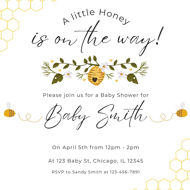 Beethemed Baby Shower Invitation Template, Customizable Bee Baby