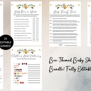 Bee Themed Baby Shower Game Bundle, 15 Editable Baby Shower Games, Honey Bee Themed