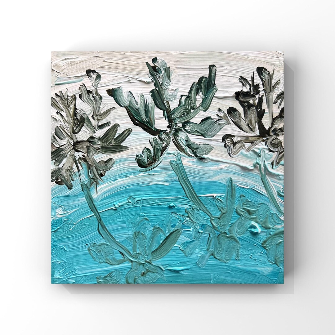 Maldives Beach Oil Painting Palm Trees Shadows Art Beige Turquoise ...