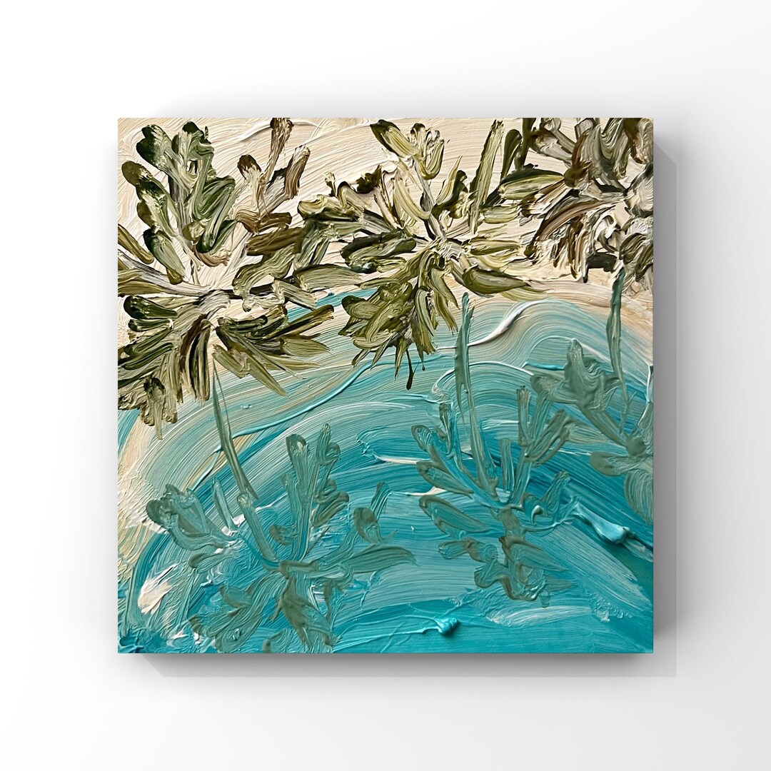 Maldives Beach Oil Painting Palm Trees Shadows Art Beige Turquoise ...