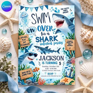May include: A rectangular party invitation featuring a shark theme with blue text that reads Swim on over for a shark infested party, Jackson is turning 5, Sunday, October 5th, 4:00-6:00 PM, 25 Mail Avenue, New York, and RSVP details.