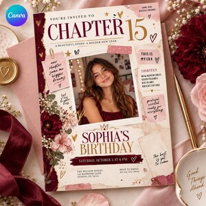 May include: A birthday invitation card featuring a central photograph of a person, decorated with burgundy and pink floral illustrations, gold hearts, and text including "Chapter 15," "Sophia's Birthday," and event details for October 3 at 6 PM.