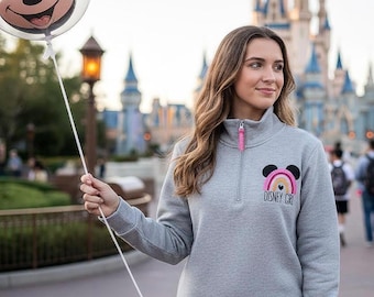 Disney Girl Embroidered Quarter Zip Sweatshirt | Mickey Mouse Rainbow