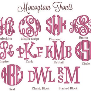 May include: A selection of monogram fonts in a pink hue, including Interlocking, Master Script, Diamond, Emma, Empire, Curly, Fishtail, Circle, Seal, Classic Block, and Stacked Block. The text "Monogram Fonts" is at the top.