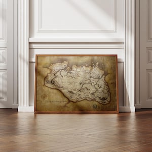 Stampa mappa Skyrim – Arte Tamriel vintage, tela Elder Scrolls, decorazione da parete fantasy, poster con download digitale