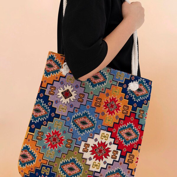 Authentic Kilim Fabric Design with Handles, Tote, Shopping Handmade Bag