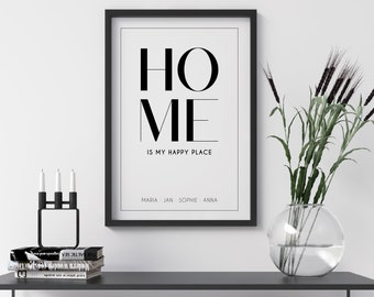 Familenposter HOME is my happy place - personalisiert mit Namen Geschenk Prints Wandbild Deko