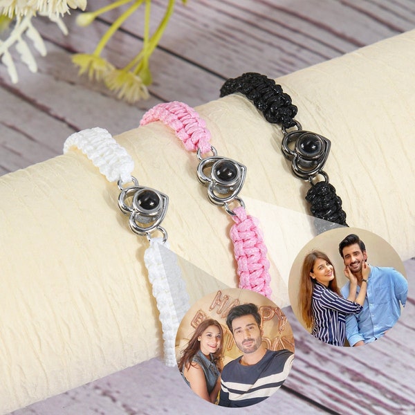 Personalized Photo Projection Bracelet,Braided Rope Bracelet,Heart Picture Bracelet,Memorial Couples Bracelet,Best Friend Bracelet