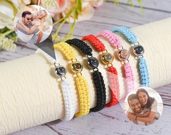 Personalized Circle Photo Bracelet,Projection Charm Bracelet,Custom Braided Rope Picture Bracelet,Photo Jewelry,Memorial Couple Gift for Her