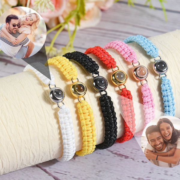Personalized Circle Photo Bracelet,Projection Charm Bracelet,Custom Braided Rope Picture Bracelet,Photo Jewelry,Memorial Couple Gift for Her