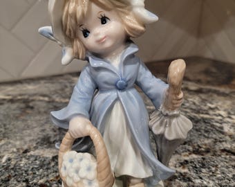 Vintage Aldon Girl Child Figurine with a Blue Dress, Basket and Umbrella