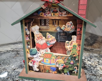 Vintage Musical Wooden House with Animated Santa and Friends