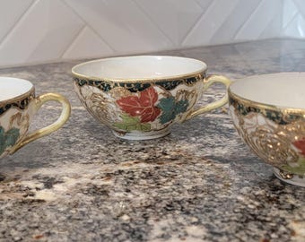 Set of 3 Antique Hand Painted Egg Shell Porcelean Nippon OAC Tea Cups with Gilded Leaf Design