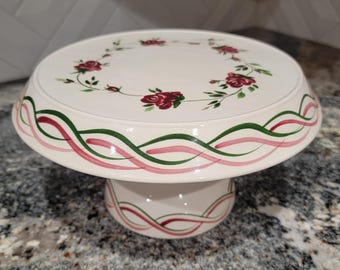 Vintage Pedestal Cake Plate Depicting Ribbons and Roses