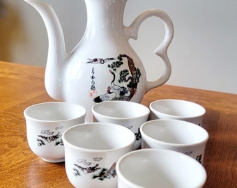 Japanese Sake or Tea Set with 6 cups with Crane Design