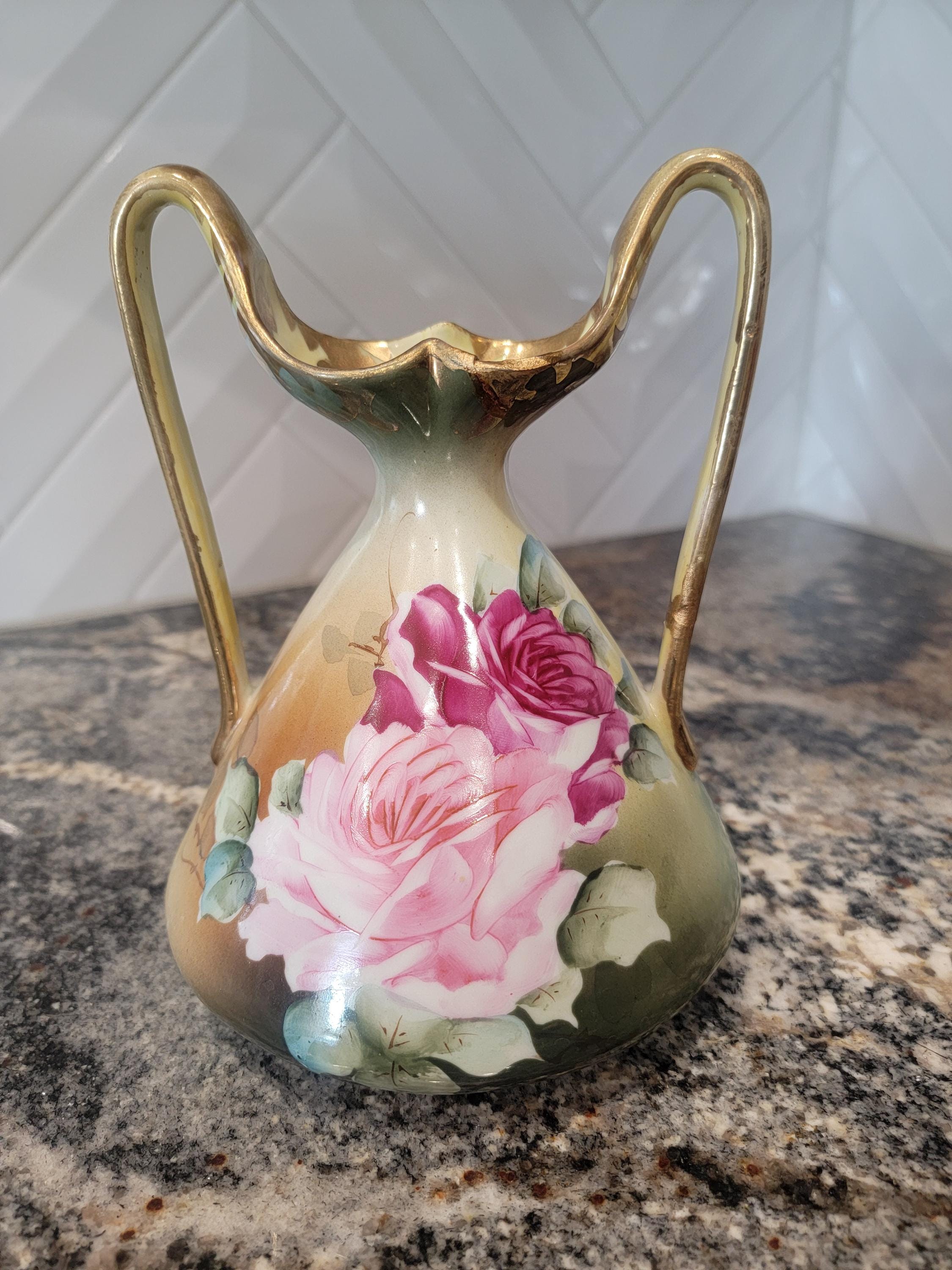Antique Nippon Porcelain Hand Painted Double Handled Floral Vase