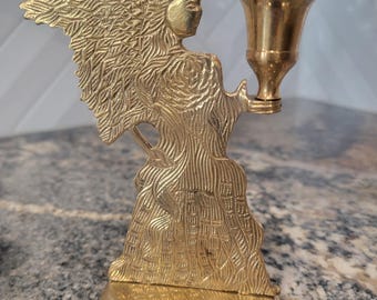 Vintage Hosley Brass Christmas Holiday Angel Two Sided Candle Holders