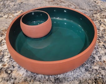 Vintage Terra Cotta Over and Back Inc. Chip and Dip Serving Dish with Glazed Inside