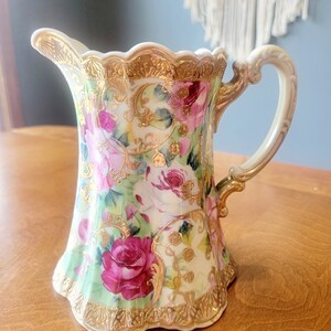 Antique Nippon MORIAGE 7” Gold Trim Hand Painted Pitcher Maple Leaf Mark 1891