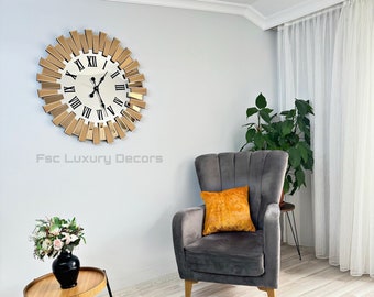 Mirror Large Wall Clock and Luxury Home Decor, Perfect Home Gift, Copper Color Mirror Framed, Roman Number, Modern Mirror Wall Art, No Sound