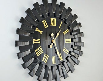 Reloj de pared de lujo negro y dorado y decoración moderna del hogar, para reloj de pared de oficina, espejo de vidrio negro y número romano dorado sobre fondo negro