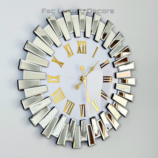 Horloge murale de grande taille au design unique avec cadre en miroir pour maisons modernes et luxueuses, Meilleur cadeau pour une nouvelle maison, chiffres romains dorés, horloge silencieuse