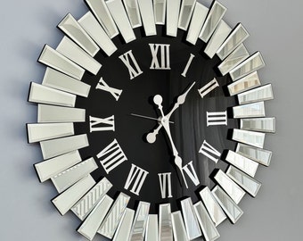 Reloj de pared con marco de espejo plateado 3D con números romanos, reloj de pared decorativo de diseño único para sala de estar y comedor, decoración del hogar de lujo